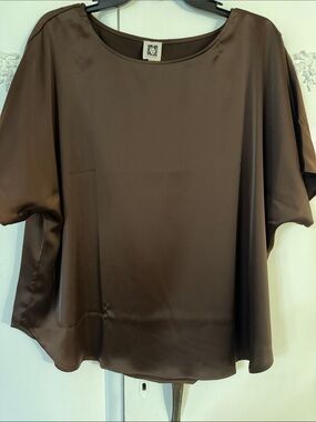 Anne Klein Chocolate Brown Satin Short Sleeve Top